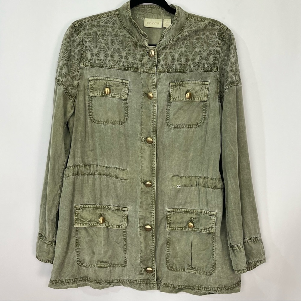 Chicos Women’s Army Green Olive Jacket Shacket Long Sleeves Embroidered Sz 1